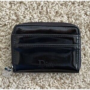 DIOR Beauty Black Patent Leather Zip Around Credit Card Holder Small Wallet